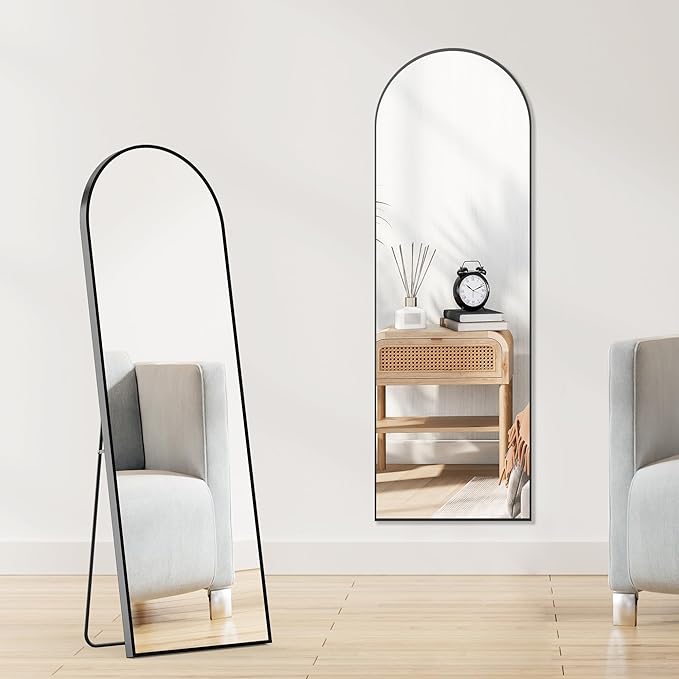 OLIXIS Black Arched Full Length Mirror 15.5"x56" for Bedroom, Full Body Floor Mirror with Stand, Hanging or Leaning for Wall, Aluminum Alloy Thin Frame Floor Standing for Living Room, Long