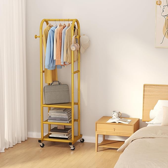 Dttwacoyh Hall Tree with Hanging Hooks,Gold Metal Decorative Freestanding Garment Rack on Wheels,3-in-1 Narrow Entryway Storage for Small Space,Suitable for Hallway,Bedroom and Bathroom,Gold