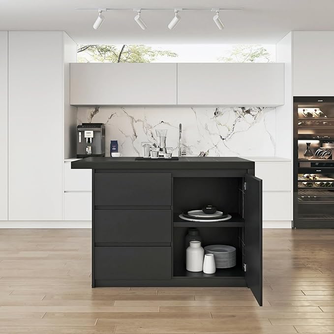 homary Kitchen Island with Storage & Wine Rack, 50" Modern Black Kitchen Cabinet with Wood Top, Large Fixed Island with 3 Drawers & 6 Adjustable Shelves