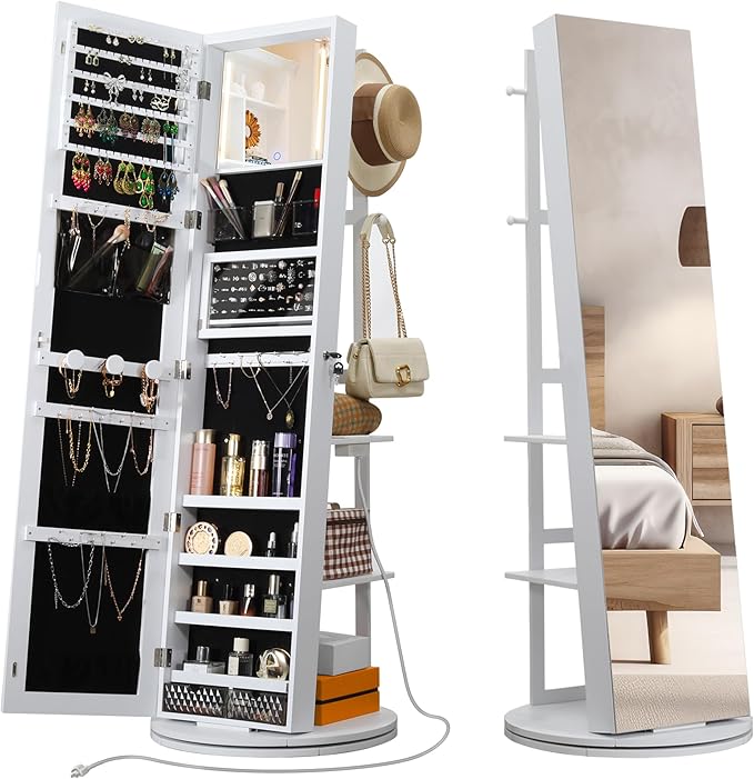 IRONCK 360° Swivel Mirrored Jewelry Cabinet with Full-Length Mirror, Charging Station, Lockable Standing Jewelry Organizer with Rear Storage Shelves, Interior Mirror, LED Lights, White
