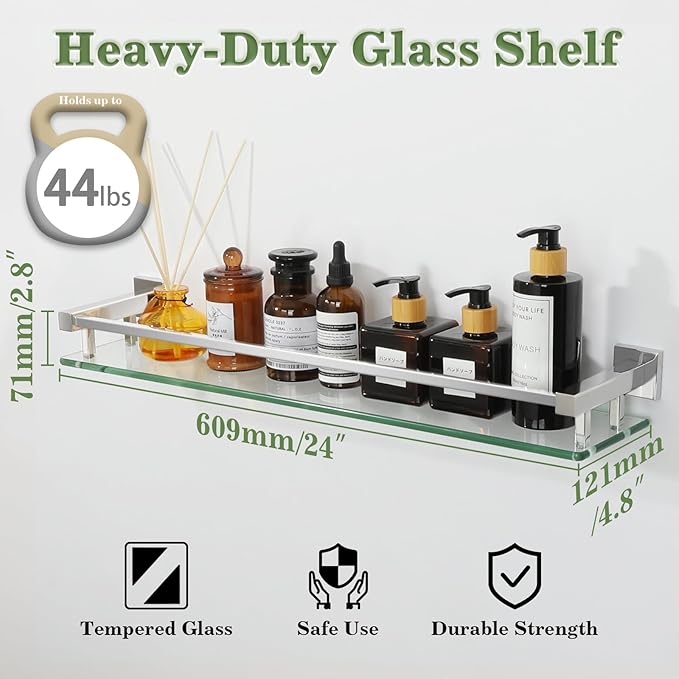 Alise Glass Bathroom Shelves Wall Mounted, 24 Inch Polished Chrome Tempered Floating Shelves Bathroom, Stainless Steel Bathroom Glass Shelf