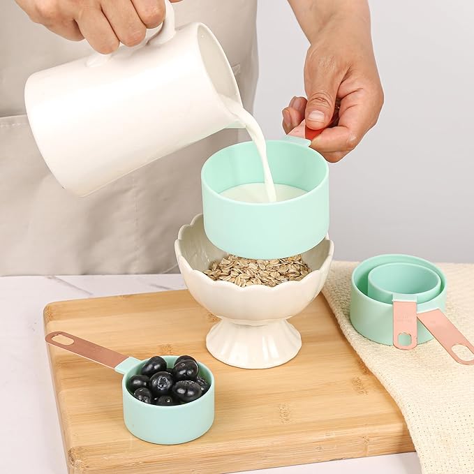8-Piece Stackable Rose Gold Stainless Steel Handled Measuring Cups and Spoons for Measuring Dry and Liquid Ingredients (grey)