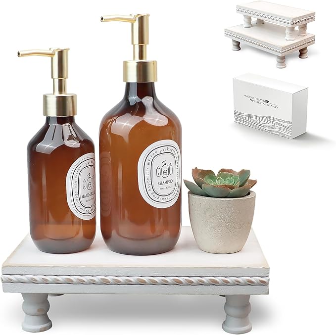 Wood Tray Pedestal Stand, Waterproof Bathroom Counter Organizer, Modern Farmhouse Riser for Soap/Candle/Sponge White Set （Middle+ Small