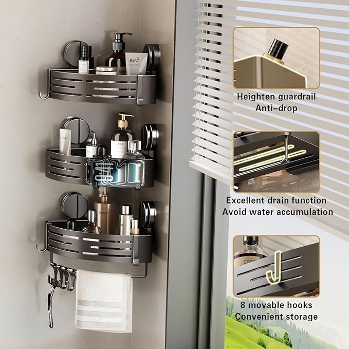 VOLPONE Shower Caddy Suction Shower Shelf No Drilling Shower Organizer Suction Cup Shower Storage Rack Aluminum Wall Mounted Shampoo Holder with Towel Bar Hooks (1-Pack, Matte Gray)