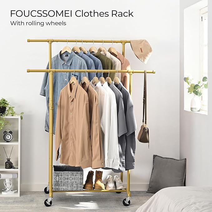 FOUCSSOMEI Heavy Duty Clothes Rack, Rolling Clothing Rack, Garment Rack with Wheels, Double Rod, Max 400Lbs, Gold