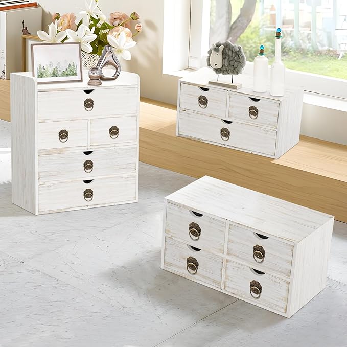 Wood Desk Organizer with Drawer, White Wooden Desktop Organizer, Tabletop Storage Organization Box for Countertop, Home Office Supplies, 13.5x6.6x8.2 Inch(3 Drawer and Shelf)