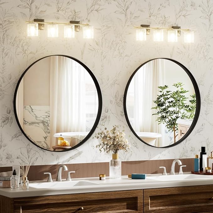 VooBang 24 inch Round Bathroom Mirror, Balck Modern Circle Wall Mounted Mirror with Gorgeous Circular Deep Frame for Bathroom, Living Room, Bedroom, Hanging or Leaning