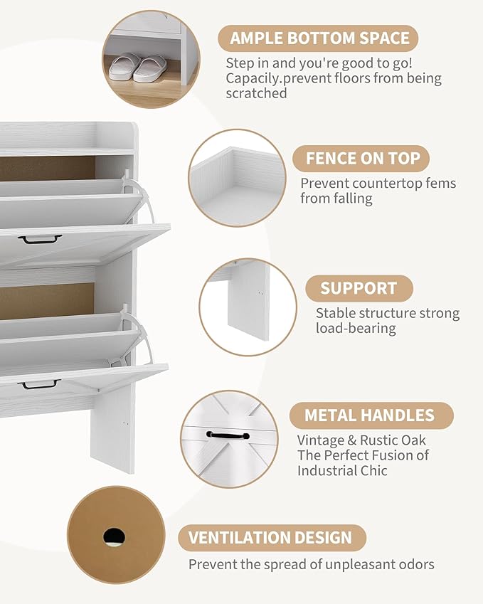 Shoe Cabinet Organizer with 2 Flip Drawers, Freestanding Narrow Shoe Rack for Entryway, Freestanding Hidden Shoe Storage Cabinet for Entryway, Hallway, Living Room, Bedroom, White