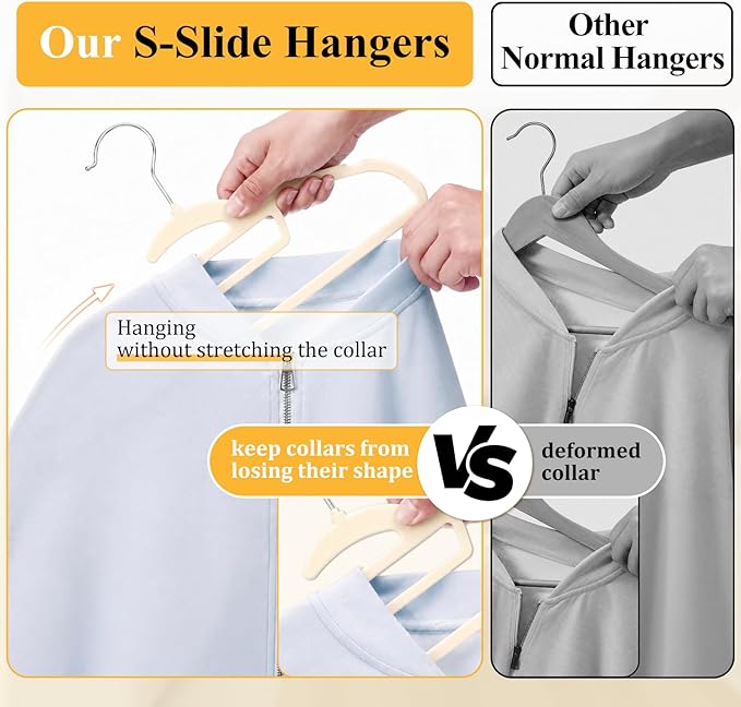 Velvet Hangers 50 Pack, S-Shaped and Stackable Non Slip with 360°Swivel Hook, Ultra Thin and Space Saving Flocked, for Suits, Shirts, Coats, 15Lbs Capacity Heavy Duty, Ivory