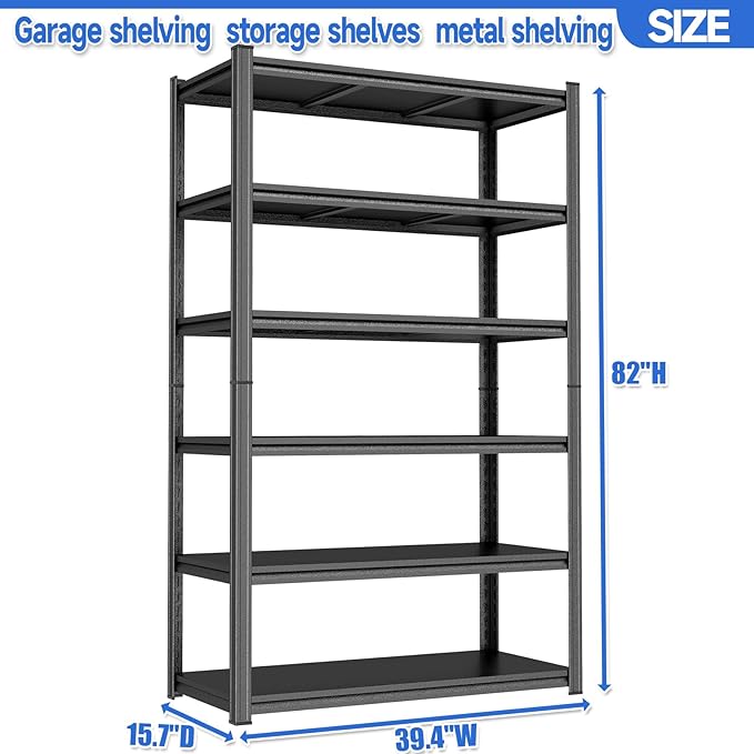 82"H Garage Shelving Storage Shelves Heavy Duty 3000LBS Metal Shelving Unit 6 tier Adjustable Storage Rack for Basement Warehouse Pantry Kitchen Bedroom Office Balcony 82"H × 40" W × 16" D, Black