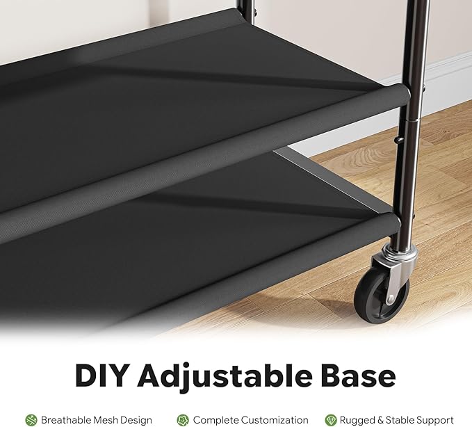 Ekisemio Double Rods Clothes Rack for Hanging Clothes, Rolling Clothing Rack with Wheels, 2-Tier Hanging Rack with Mesh Shelves, Holds 300 LBS for Bedroom, Laundry, Living Room, Black