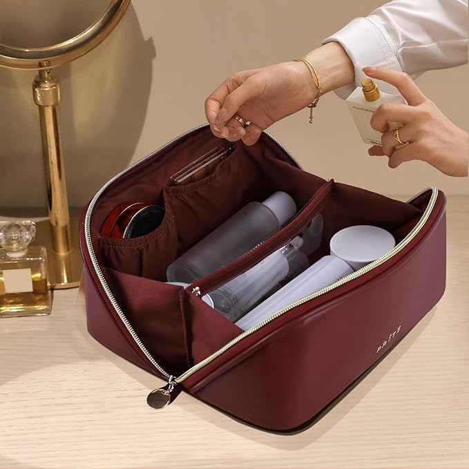 Prite Makeup Bag for Women Travel Waterproof Vegan Leather Cosmetic Bag Open Flat Toiletry Bag With Clear Divider and Handle (Dark Red, Medium)