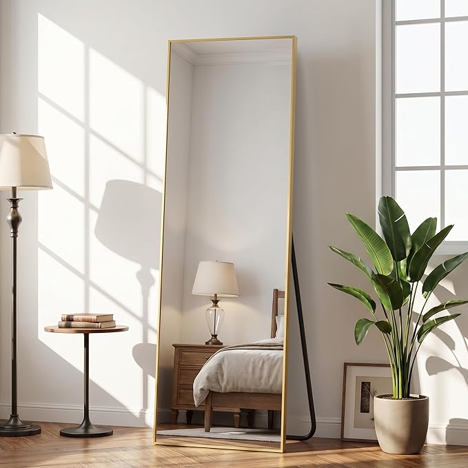 Antok Full Length Mirror, 56"x14" Floor Mirror with Stand, Hanging Mounted Mirrors for Bedroom, Living Room, Cloakroom, Dining Room, Gold, Rect