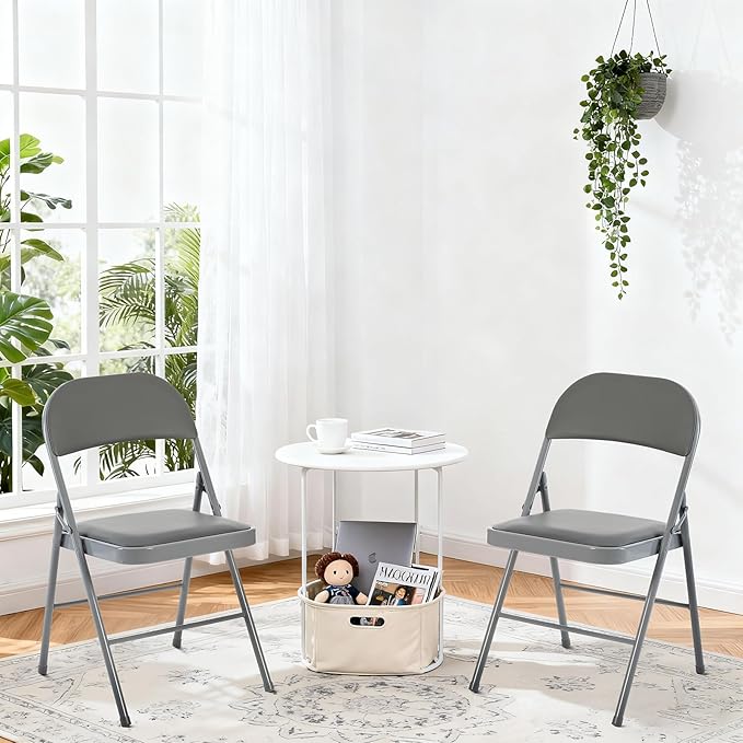 DUMOS 4 Pack Folding Chairs with Padded Cushion and Back - PU Leather Stackable Portable Dining Chairs Set, for Home and Office, Conference, Wedding, Party, Patio, Garden, for Indoor Outdoor, Grey