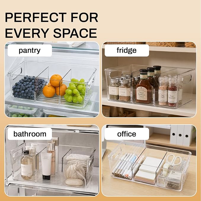 Mpotmiy 10 Pack Pantry Organizers and Storage,Clear Plastic Containers with 2 Dividers for Kitchen,Fridge Organization and Storage,Acrylic Bins for Pounches,Spice Packet,Snack organzier