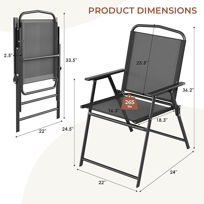 TLSUNNY Patio Folding Chairs Set of 4, Portable Dining Lawn Chairs, Outdoor Folded Furniture W/Breathable Textilene & Steel Frame, Armrests & Crossbar, All Weather for Pool, Camping (4, Black)