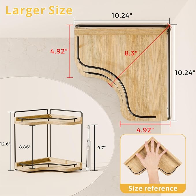 2-Tier Corner Bathroom Counter Organizer with Embedded Screw Holes, Secure & Stable Wood Vanity Shelf for Makeup and Skincare Essentials - Space Saving Bathroom Countertop Storage, ‎‎Light Walnut