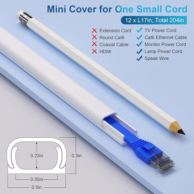 ZhiYo 204in Cord Covers for Wires on Wall, One Small Cord Hider Wall, Self-Adhesive TV Cable Hider, Paintable Wire Covers for Cords, Black Cable Management Raceway Kit, 12x L17in W0.5in H0.3in