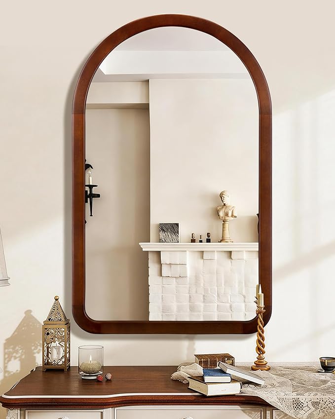 Arched Mirror 30 x 48 Inch,Walnut Brown Wood Rustic Bathroom Tempered Wall Mirror with Wood Frame,Round Corner Arch Farmhouse Wooden Vanity Mirror for Living Room,Entryway or Bedroom