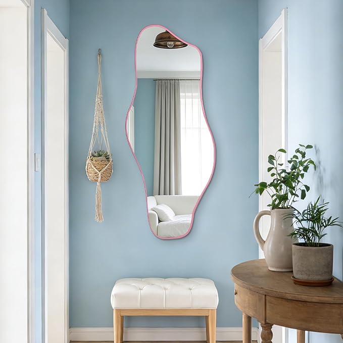 Large Irregular Mirror, 60"x24" Pink Asymmetrical Tempered Glass Mirror, Modern Organic Shape Frameless Mirrors for Living Room Bedroom Hallway Entryway, Horizontal or Vertical Hanging