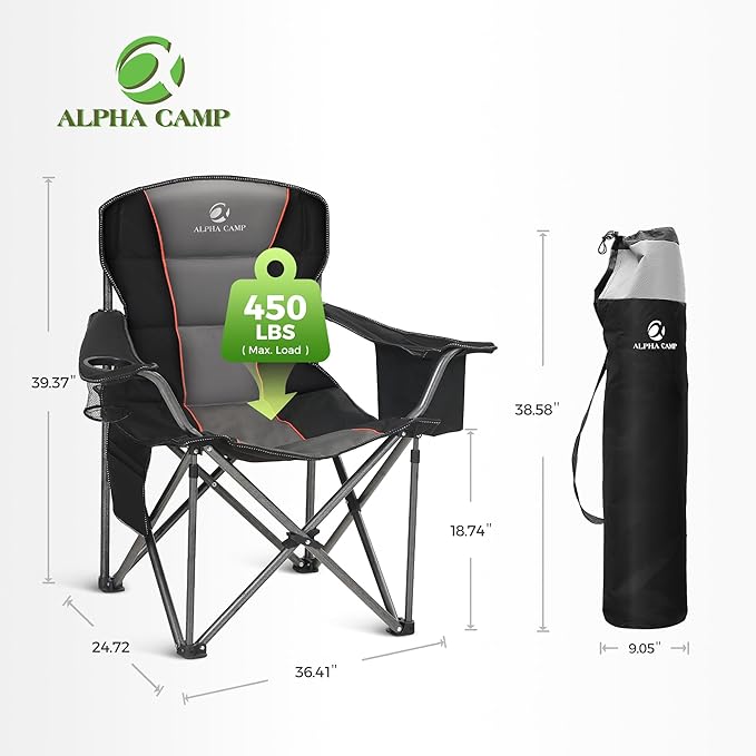ALPHA CAMP Camping Chairs 350LBS Capacity, Heavy Duty Folding Chair with 4-Can Cooler Bag, Portable Outdoor Chair with Cup Holder for Adults, Collapsible for Tailgating, Beach, Fishing
