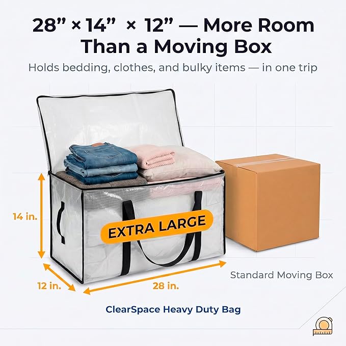 ClearSpace Heavy Duty Moving Bags or Storage Bags – Clear Storage Bins with Lids, Large Moving Boxes with Backpack Straps & Zippers – Packing Bags & Moving Supplies for College Dorm- 4 Pack