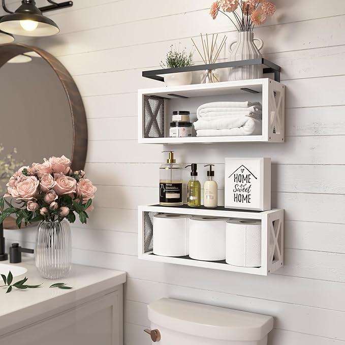 RICHER HOUSE Floating Shelves with Guardrail, Rustic Wood Shelves for Wall Décor, Farmhouse Bathroom Accessories Wall Mounted, Bathroom Organizer Over Toilet Storage, Kitchen, Living Room - White