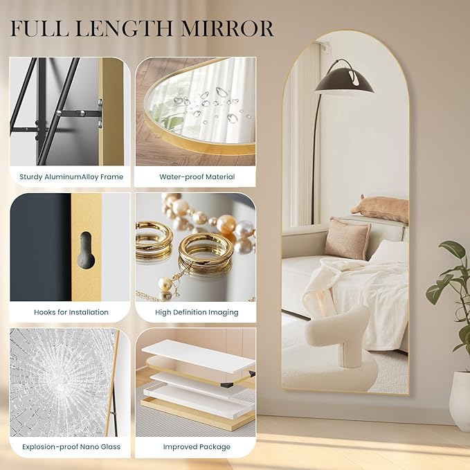 NEWBULIG 64"x21" Arched Full Length Mirror, Full Body Floor Mirror with Aluminum Alloy Thin Frame, Wall or Standing Mirror for Bedroom, Living Room, Dressing Room, Gold