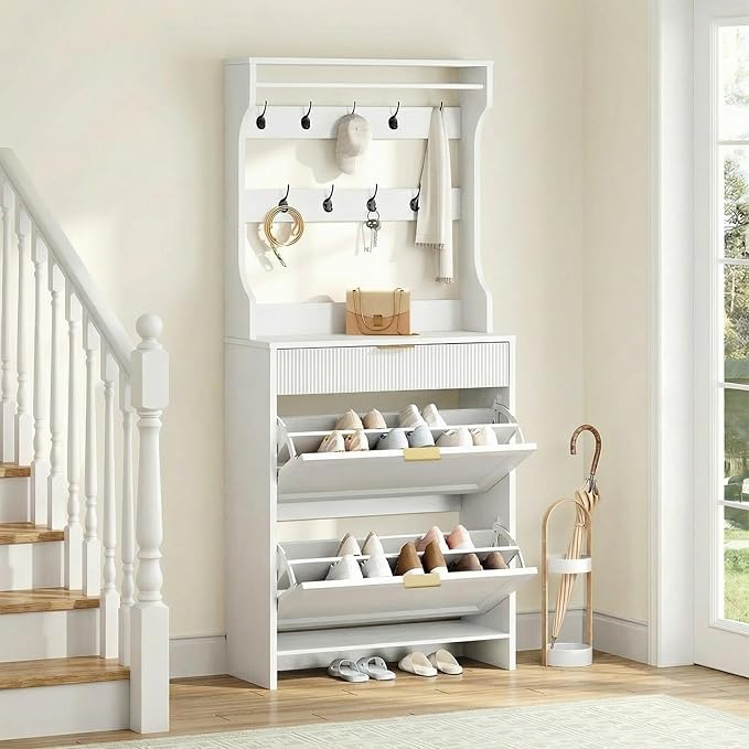 RALGEND Shoe Cabinet with Coat Rack, Tall Narrow Hidden Shoe Storage Cabinet with 2 Flip Drawers, Slim Freestanding Shoe Rack with Hooks, Hall Tree, Narrow Shoe Organizer for Entryway, White