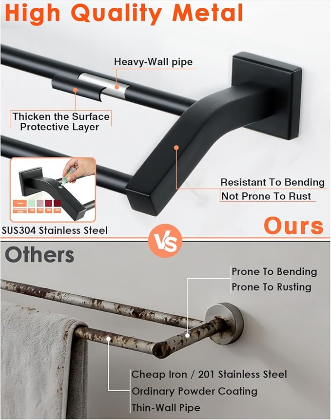 Alise Bath Double Towel Bars, 16 Inch Towel Holder Towel Racks for Bathroom Lavatory,SUS304 Stainless Steel Towel Hanger Towel Rail Wall Mount,Matte Black
