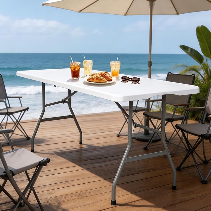 Lakhow 6 FT Folding Table,Outdoor Indoor Plastic Table Portable Square Height Dining Table Perfect for Picnics, Parties, Party and Camping (Modern, Clear White)