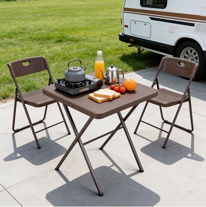 Folding Table, 27 Inch Square Folding Table, No Assembly Portable Camping Picnic Table, Heavy Duty Steel Frame Outdoor Coffee Table, Patio Card Table for Small Spaces, RV, Parties, 400 LBS Capacity