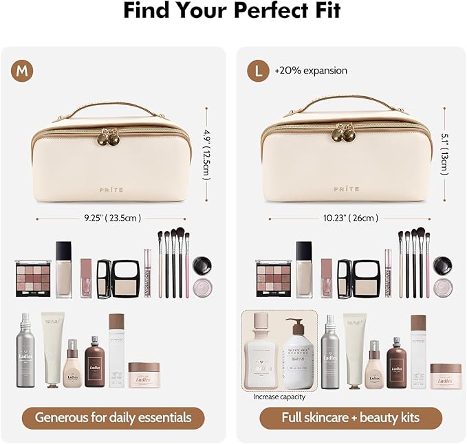 Prite Makeup Bag for Women Travel Waterproof Vegan Leather Cosmetic Bag Open Flat Toiletry Bag With Clear Divider and Handle (Beige, Medium)