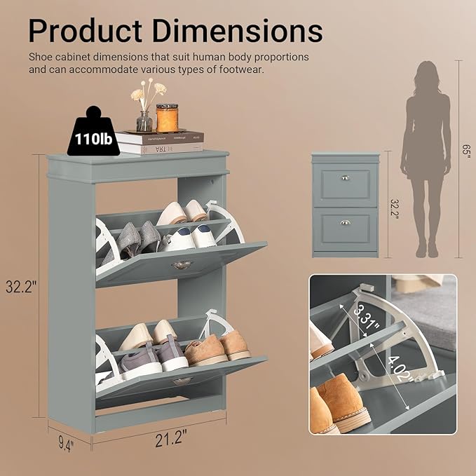 Haotian Small Shoe Cabinet, Grey 2 Flip Drawers Freestanding Shoe Rack, Shoe Storage Cupboard Organizer (9.45" D x 20.87" W x 32.28" H), FSR78-HG