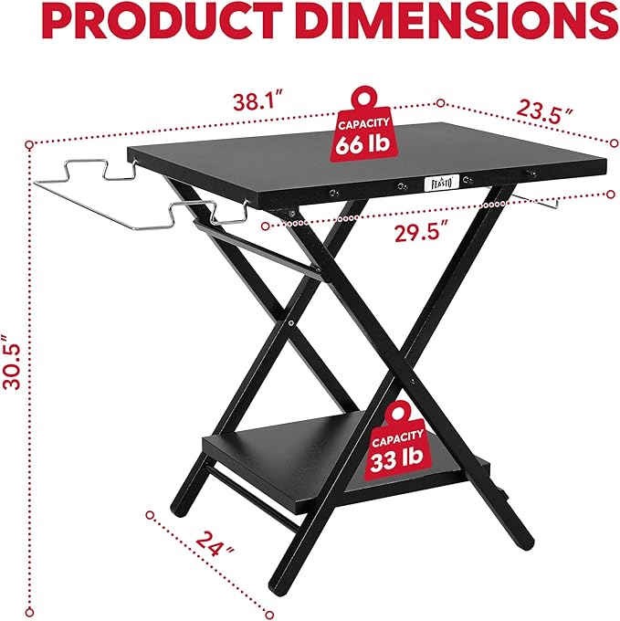 Feasto Outdoor Grill Table, Foldable Pizza Oven Stand & Griddle Stand with Garage Rack & Tissue Holder, Folding Outdoor Prep Table for Gathering and Party, 30" x 24", Black