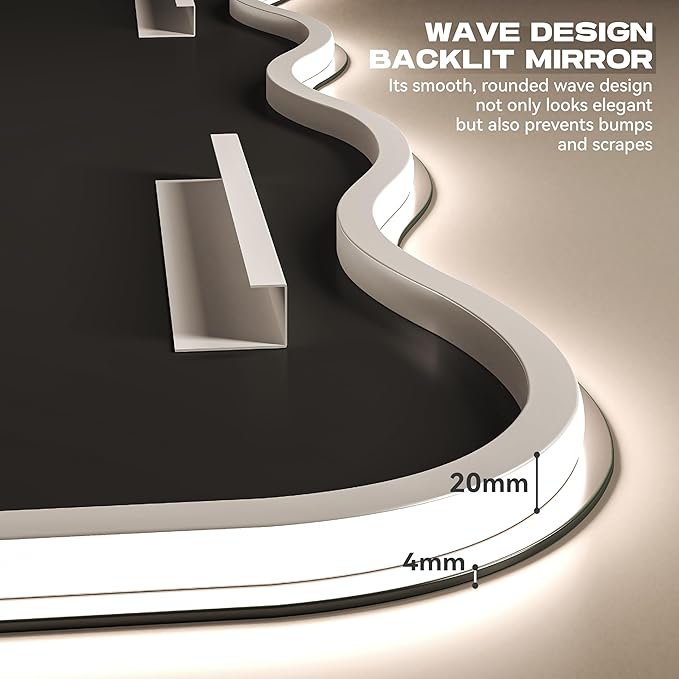 Hasipu Wavy Full Length Mirror with Lights - 60"×36" LED Wavy Floor Mirror, Frameless, Dimmable, Standing or Vertical/Horizontal Wall-Mounted Mirror for Bedroom, Living Room, Cloakroom