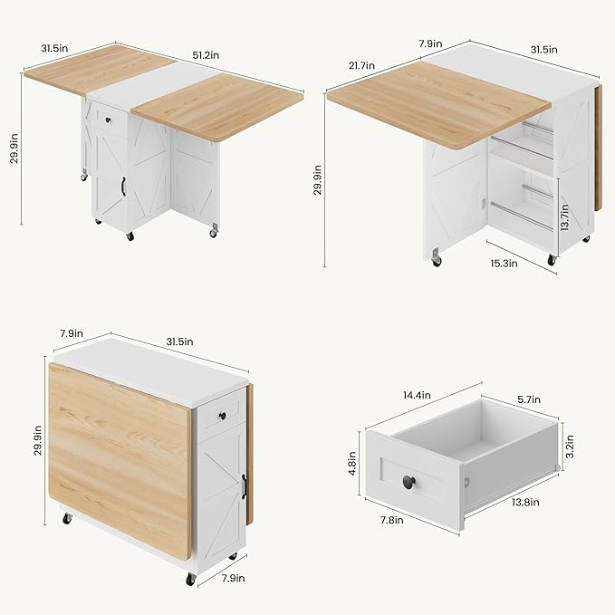 Jocoevol Space Saving Folding Dining Table for 4, Farmhouse Foldable Dining Table with Drawer and Storage Shelf, 6 Wheels Multipose Expandable Kitchen Drop Leaf Table for Small Space (Pear Wood White)