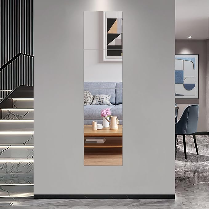 JEOYOO HD Glass Full Length Wall Mirror Tiles, 12'' x 12'' x 4PCS, Frameless Full Body Mirror Tiles for Bedroom, Full Length Mirror Wall Mounted for Home Gym, Gift Ideas