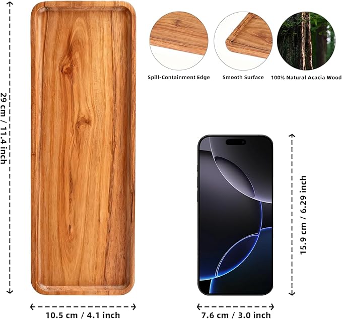 Handcrafted Acacia Wood Decorative Tray 2 Pack– Multi-Functional Candle Tray, Smooth Polished Surface with Raised Edges,Stylish Wooden Accent for Living Room, Bedroom, or Bathroom-11.4*4.1*0.59 inches