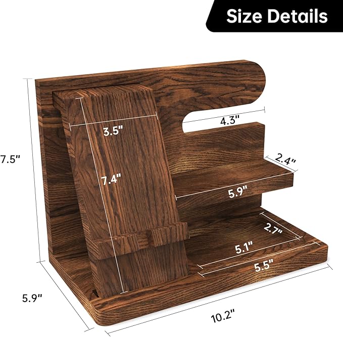 Gifts for Men Wood Phone Docking Station Birthday Gift for Men Valentines Day Gifts Father Gift for Him Boyfriend Nightstand Organizer Desktop Phone Stand