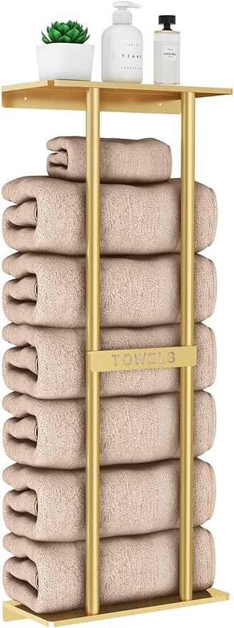 STWWO Bathroom Towel Storage Rack for Bathroom, 30 inch Towel Racks Wall Mounted with Shelf Can Holds 6 Large Towels, Wall Towel Rack for Rolled Towels, Gold