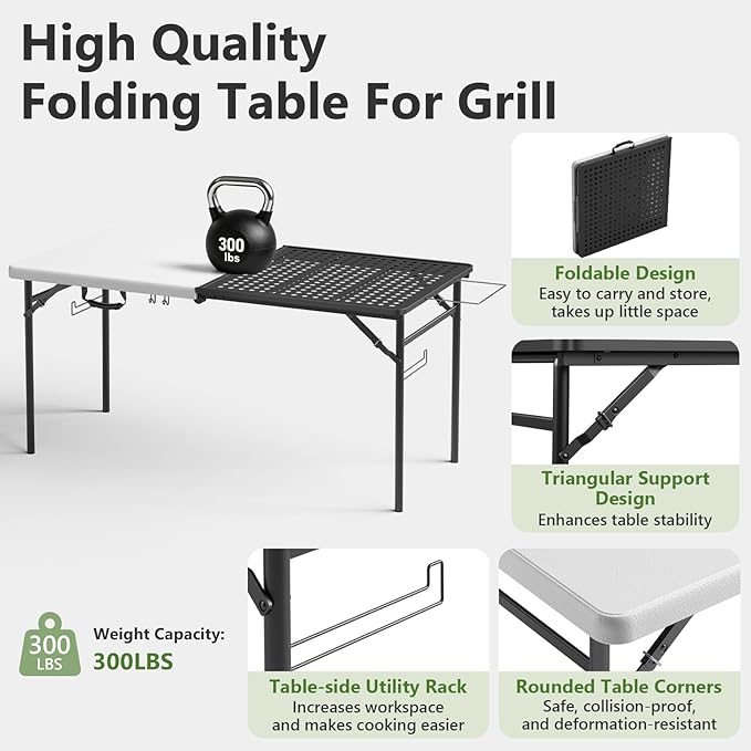 Folding Table, 5ft Folding Grill Table, Portable Camping Table for Cooking & BBQ Prep, 2-in-1 Metal&Solid Surface Foldable Grill Station for Outdoor Camping, Backyard, Patio Use,(Black and White)