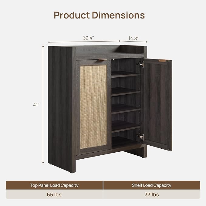SICOTAS Shoe Storage Cabinet Set of 3, Large Capacity Rattan Shoe Cabinet for Entryway, 6-Tier 41" Tall Shoe Cabinet, Farmhouse Wooden Storage Cabinet for Living Room Hallway, Black Oak