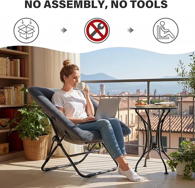 Tiita Comfy Folded Chair, Soft Faux Fur Oversized Folding Accent Chair, Lazy Chair for Teens Adults, Metal Frame Moon Chair for Bedroom, Living Room, Dorm Rooms