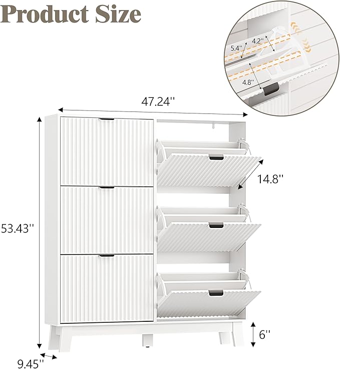 HUANLEGO Shoe Cabinet Storage for Entryway with 6 Flip Drawers, Fluted Narrow Shoe Organizer with Wooden Legs, Freestanding Slim Shoe Storage Hidden Shoe Rack Organizer for Front Door Entrance, White