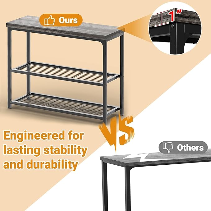 Besiost 32" Small Console Table with 3-Tier Storage, Industrial Narrow Entryway Table, Sofa Table Behind Couch for Hallway, Foyer & Living Room, Sturdy Metal Frame, Oak Grey