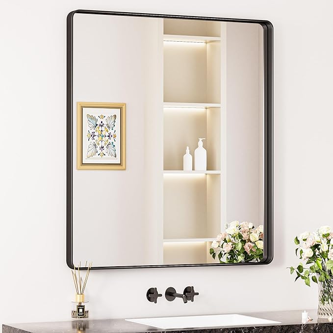 Keonjinn Black Bathroom Mirror for Over Sink, 32 x 36 Inch Rounded Rectangle Bathroom Vanity Mirror, Matte Black Sandblasted Finish, HD Tempered Glass, Wall Mirrors with Seamless Aluminum Alloy Frame