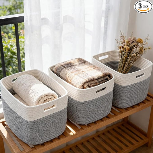 3 Pack Woven Rope Storage Baskets for Organizing,13.5"×11"×9.5"Storage Bins for Shelves,Perfect for Toys,Books,Towels,Clothes,Empty Gift Baskets for Nursery,Living Room&Bedroom(White&Grey)