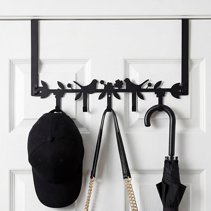 AceOrbit Birds in a Tree Over The Door Hooks Black Metal Wall Mount Towel Hanger Farmhouse Rustic Door Holder Rack with 5 Hooks for Bedroom Bathroom Hanging Towel, Coat, Keys, Bags, Hats, Clothes