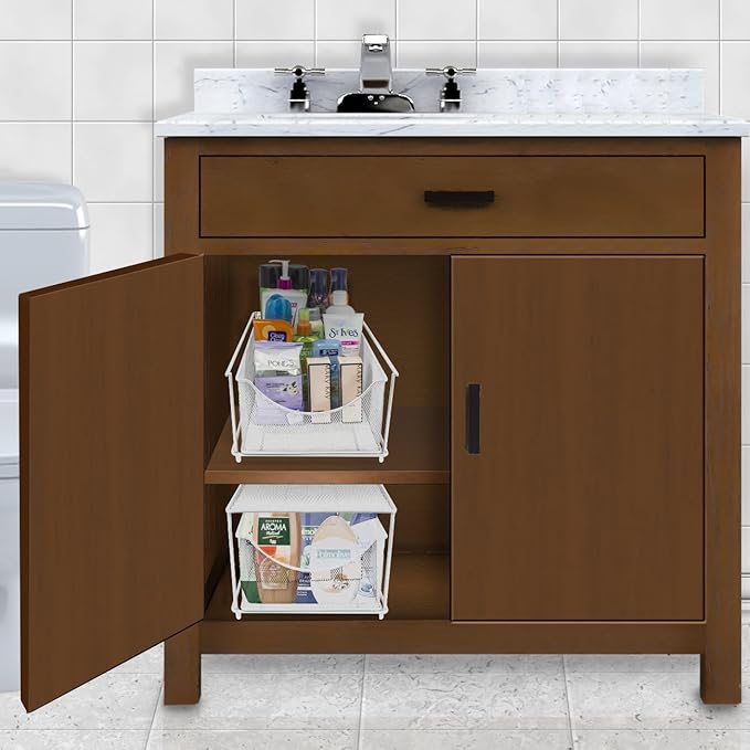 Sorbus® Cabinet Organizer Set—Mesh Storage Organizer with Pull Out Drawers—Ideal for Countertop, Cabinet, Pantry, Under the Sink, Desktop and More (White Two-Piece Set)